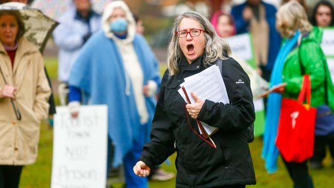 Westbury Residents Against the Prison president Linda Poulton chants 'no prison' at a community meeting regarding the Government's new preferred prison site at Bushy Rivulet on Birralee Rd. Picture: PATRICK GEE