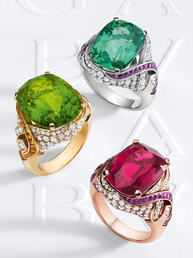 High jewellery rings in yellow gold, white gold and pink gold with various gems