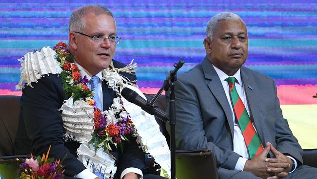 Australian Prime Minister Scott Morrison with the Prime Minister of Fiji Frank Bainimarama, in Suva, Fiji, Picture: AAP