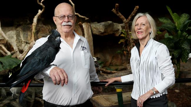 Charles and Pip Woodward with Holly the black cockatoo at the Cairns Dome in 2016. PICTURE: STEWART McLEAN