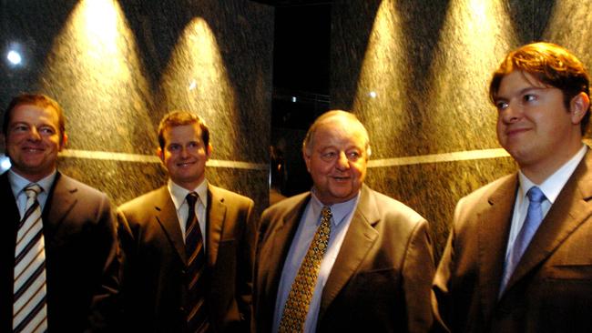 Peter Menegazzo (second right) with his sons from left David, Brendan and Mark, after they announced they had purchased the remaining share of Stanbroke Pastoral Company in 2004. Picture: Patrick Hamilton