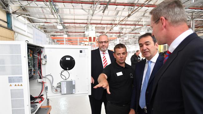 South Australia’s Premier Steven Marshall tours the Sonnen plant in the old Holden factory in Adelaide. Picture: AAP