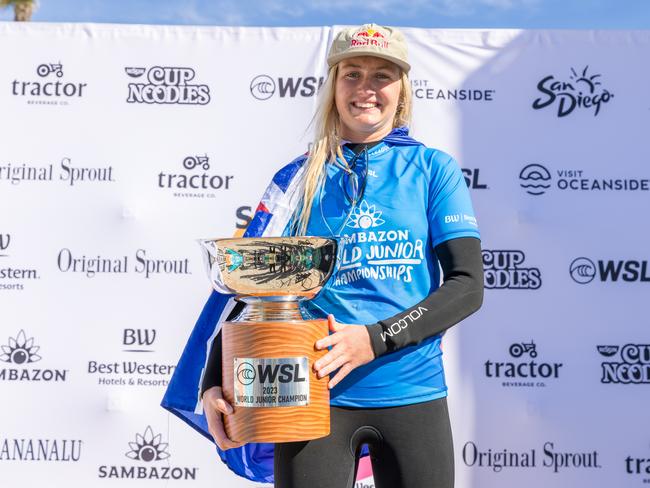 Sierra Kerr of Australia after winning the Final at the 2023 Sambazon World Junior Championships on January 13, 2024 at San Diego, California. Picture: Kenny Morris/World Surf League)