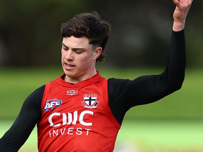 MELBOURNE, AUSTRALIA - JUNE 04: Darcy Wilson of the Saints kicks during a St Kilda Saints AFL training session at RSEA Park on June 04, 2024 in Melbourne, Australia. (Photo by Quinn Rooney/Getty Images)