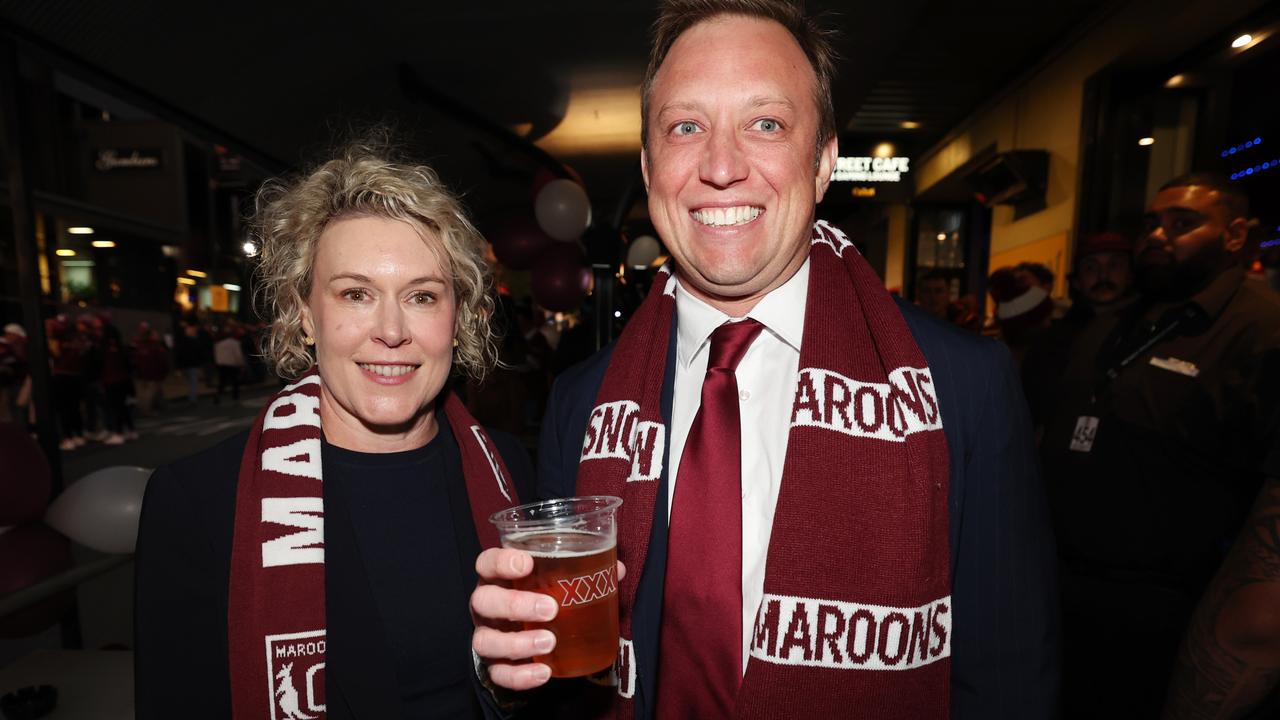 Steven Miles with wife Kim on Caxton Street on Origin night. Picture: Annette Dew