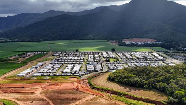 The Cairns Regional Council is yet to approve housing development on old sugar cane land around the Mt Peter housing estate, despite the developers completing earthwork and readying contractors to begin construction on the much needed new houses. An aerial view of where the new homes would be built near Mt Peter, south of Cairns. Picture: Brendan Radke