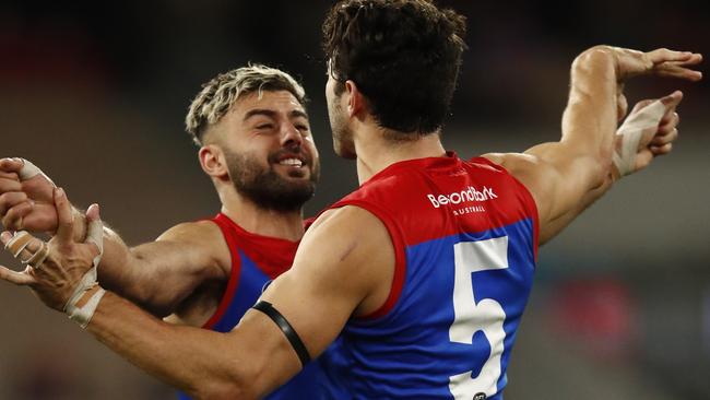 Christian Petracca and Christian Salem (left) celebrate a major. Picture: AFL Photos/via Getty Images