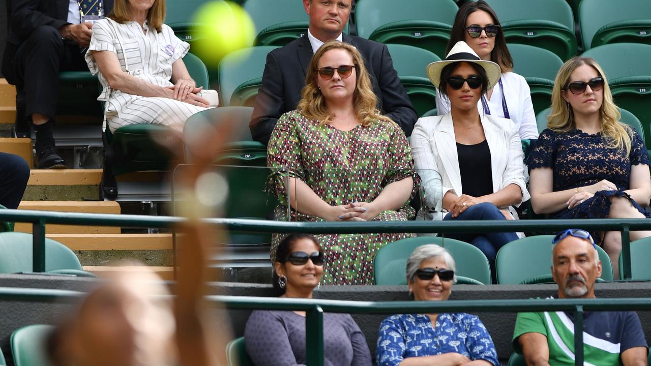 Meghan watches on as Serena Williams took on Kaja Juvan. Picture: AFP