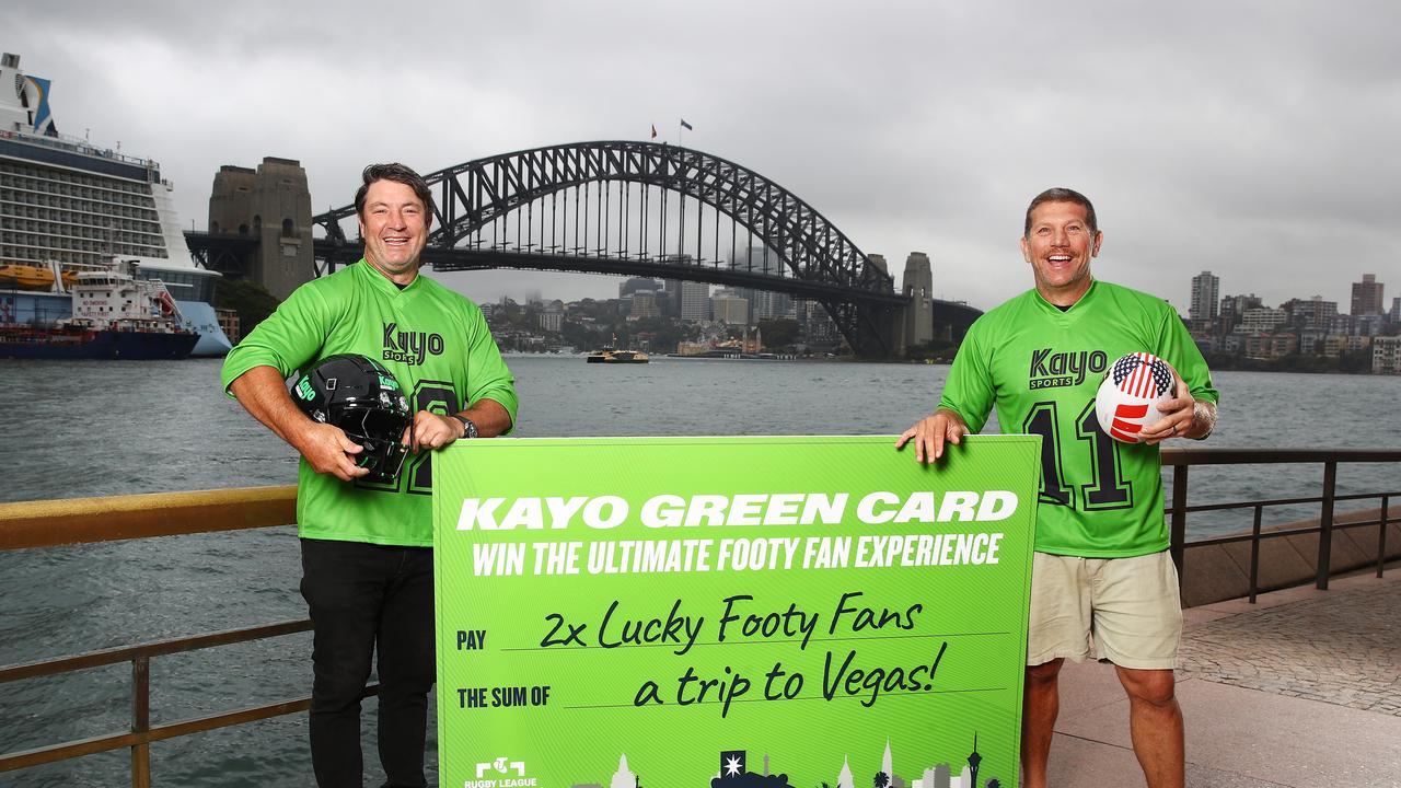 Nathan Hindmarsh and Bryan Fletcher announce Kayo Sports new competition ‘The Kayo Green Card’ which gives Kayo subscribers the opportunity to win an all-expense paid trip to Las Vegas for the NRL season opener. Photo: Kayo Sports / Brett Costello