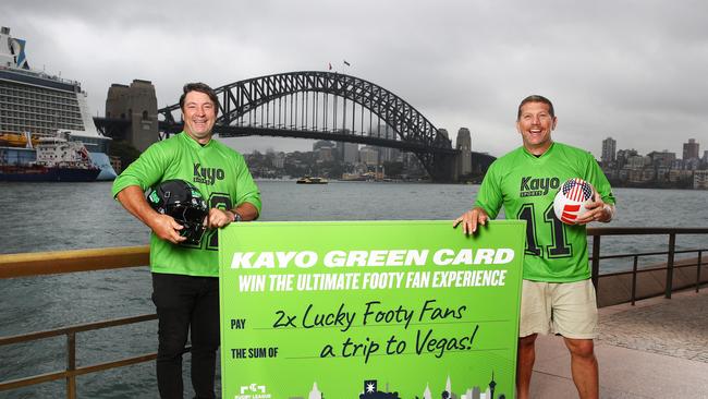 Nathan Hindmarsh and Bryan Fletcher announce Kayo Sports new competition ‘The Kayo Green Card’ which gives Kayo subscribers the opportunity to win an all-expense paid trip to Las Vegas for the NRL season opener. Photo: Kayo Sports / Brett Costello