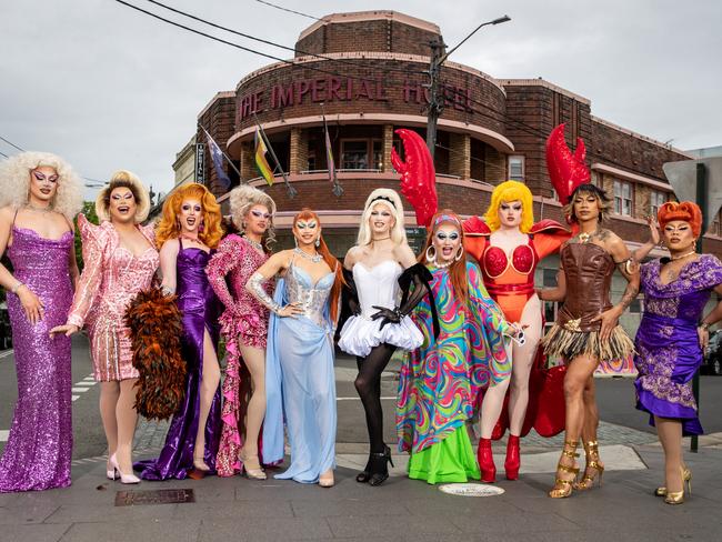 Supplied image of the cast of the Australian version of Ru Paul's Drag Race. Pictured from left Lucina Innocence, Vybe, Mandy Moobs, Olivia Dreams, Freya Armani, Max Drag Queen, Brenda Bressed, Lazy Susan, Nikita Iman, Karna Ford. Picture: Chritan Gillies