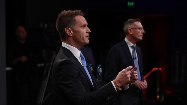 Chris Minns and Dominic Perrottet during a debate on Sky News. Picture: Justin Lloyd