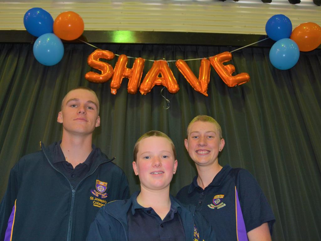 At the St Joseph's College 2023 World's Greatest Shave event are (from left) Charlie Kruger, Meghan Ellis and Emily Chandler. Picture: Rhylea Millar