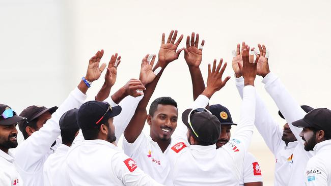 Sri Lanka's Vishwa Fernando celebrate's his wicket of Australia's Usman Khawaja caught in the slips for a duck during Day 1 of the second Test match between Australia and Sri Lanka at Manuka oval, Canberra. Picture. Phil Hillyard