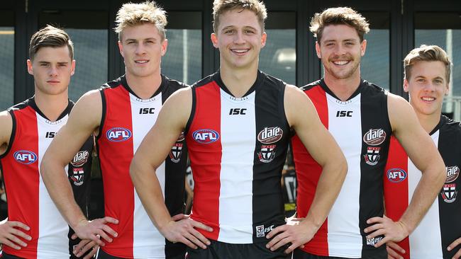 Five of the six St Kilda Jacks, from left: Jack Sinclair, Jack Newnes, Jack Billings, Jack Steven and Jack Lonie. The five plus teammate Jack Steele played against Richmond. Picture: George Salpigtidis