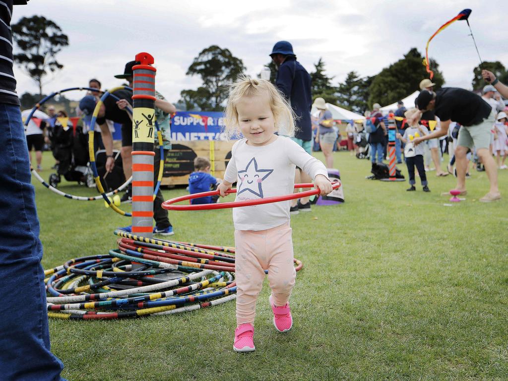 Lilly Hunter, 2, works on her hula hoop skills at the Taste of the Huon show. Picture: MATHEW FARRELL