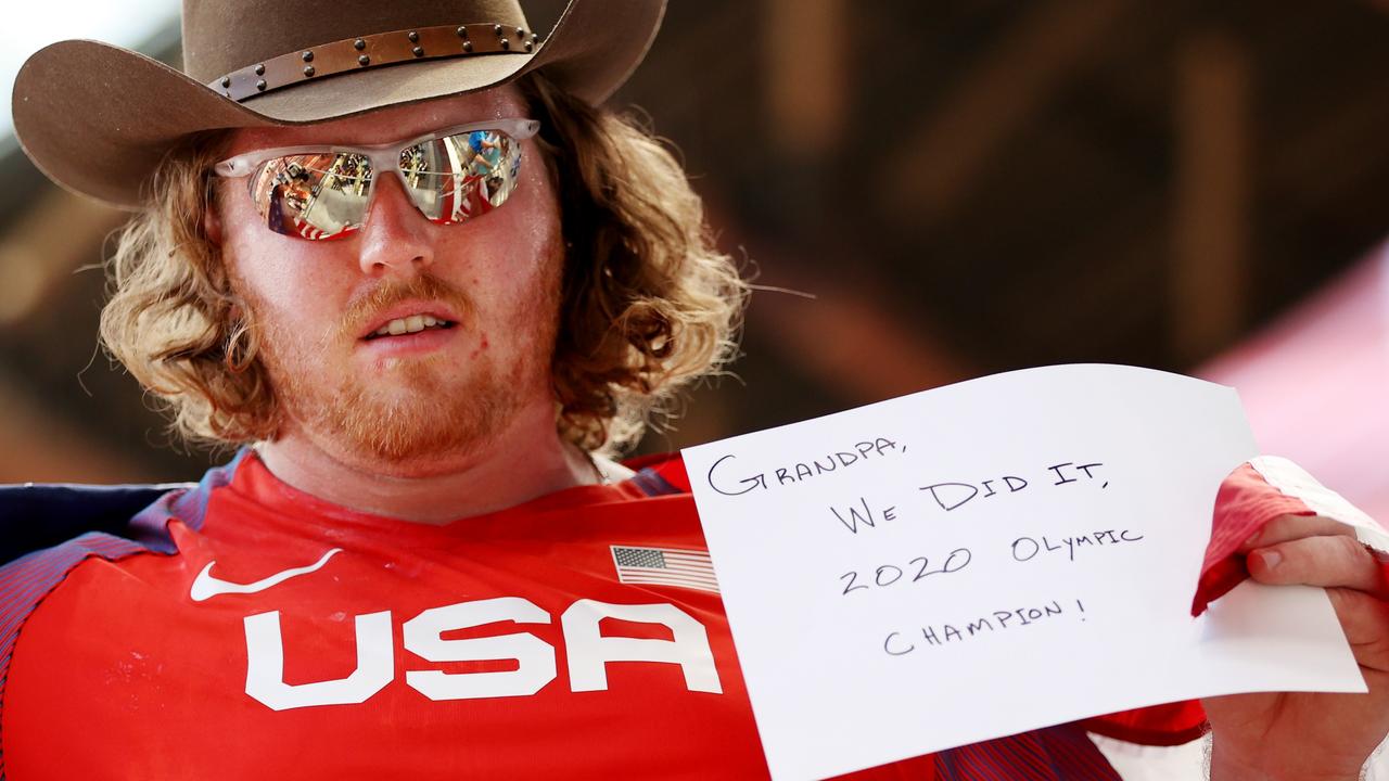 Team USA shot put gold medallist Ryan Crouser had this message for his grandpa. Picture: Patrick Smith/Getty Images