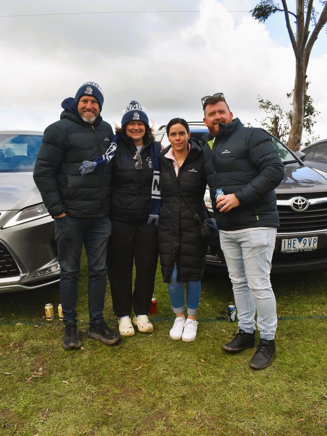 West Gippsland league grand final match 2024 — Phillip Island Bulldogs V Nar Nar Goon "The Goon" Football Club at Garfield Recreation Reserve on September 14, 2024: Rob Dobin, Cassie Dobin, Kimberley Moore and David Moore. Picture: Jack Colantuono