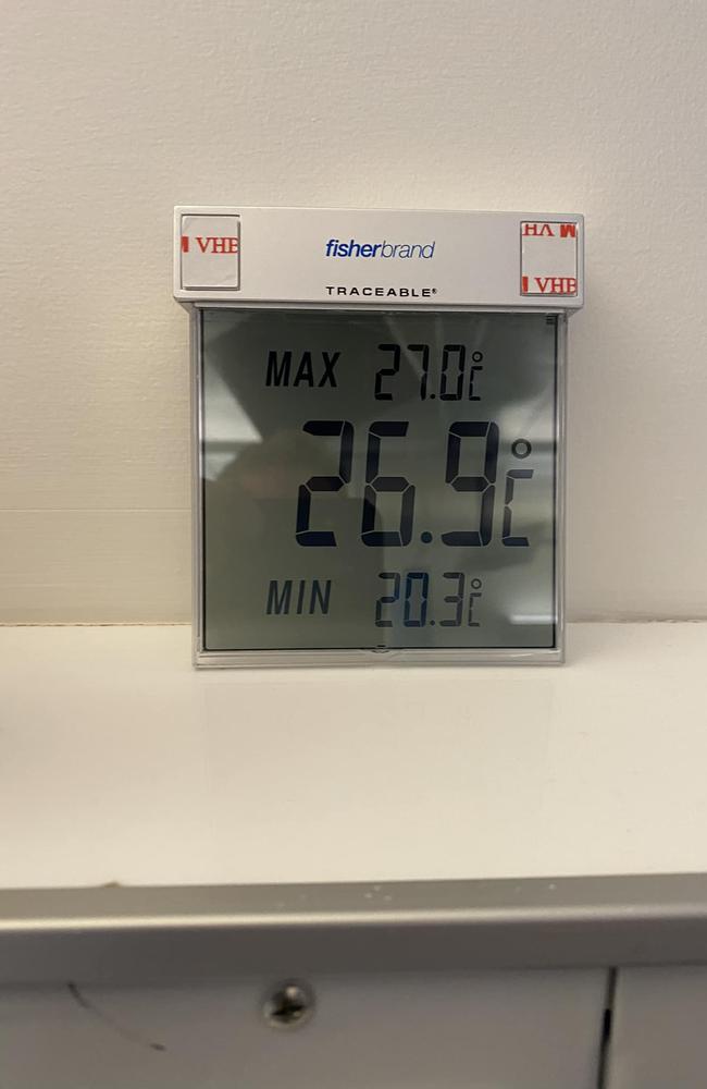 The temperature in Launceston General Hospital's D-Block on the afternoon of Monday, January 2, 2023. Picture: Brett Victory