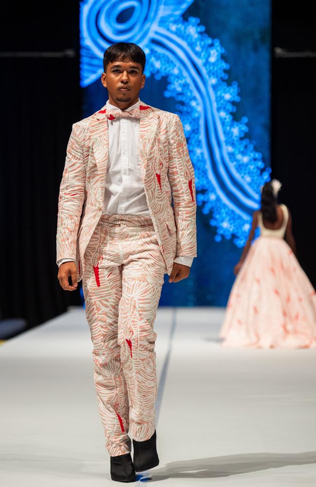 Jake Powers at the 2024 Country to Couture at the Darwin Convention Centre showcases hand-designed First Nations fashion. Picture: Pema Tamang Pakhrin