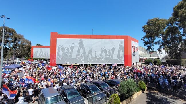 The rally outside the Adelaide Entertainment Centre and 7NEWS offices. Picture: Morgan Sette