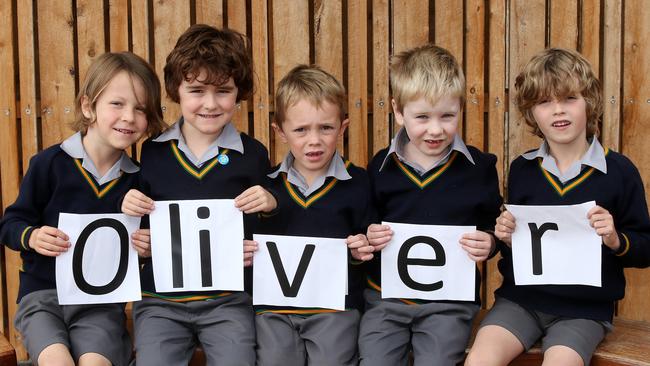 Five preps at St Patrick's Catholic Primary School called Oliver from left, Oliver Doak, Oliver Clarke, Oliver Gowans, Oliver Flynn and Ollie Planken. Picture: Alison Wynd