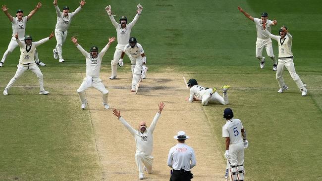 The Australian players celebrate after Nathan Lyon traps Mohammed Siraj lbw to win the Test for the home side. Picture: Getty Images