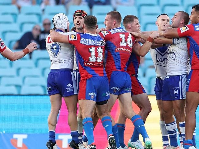 Players scuffled on-field before the sin bins. Picture: Mark Kolbe/Getty Images