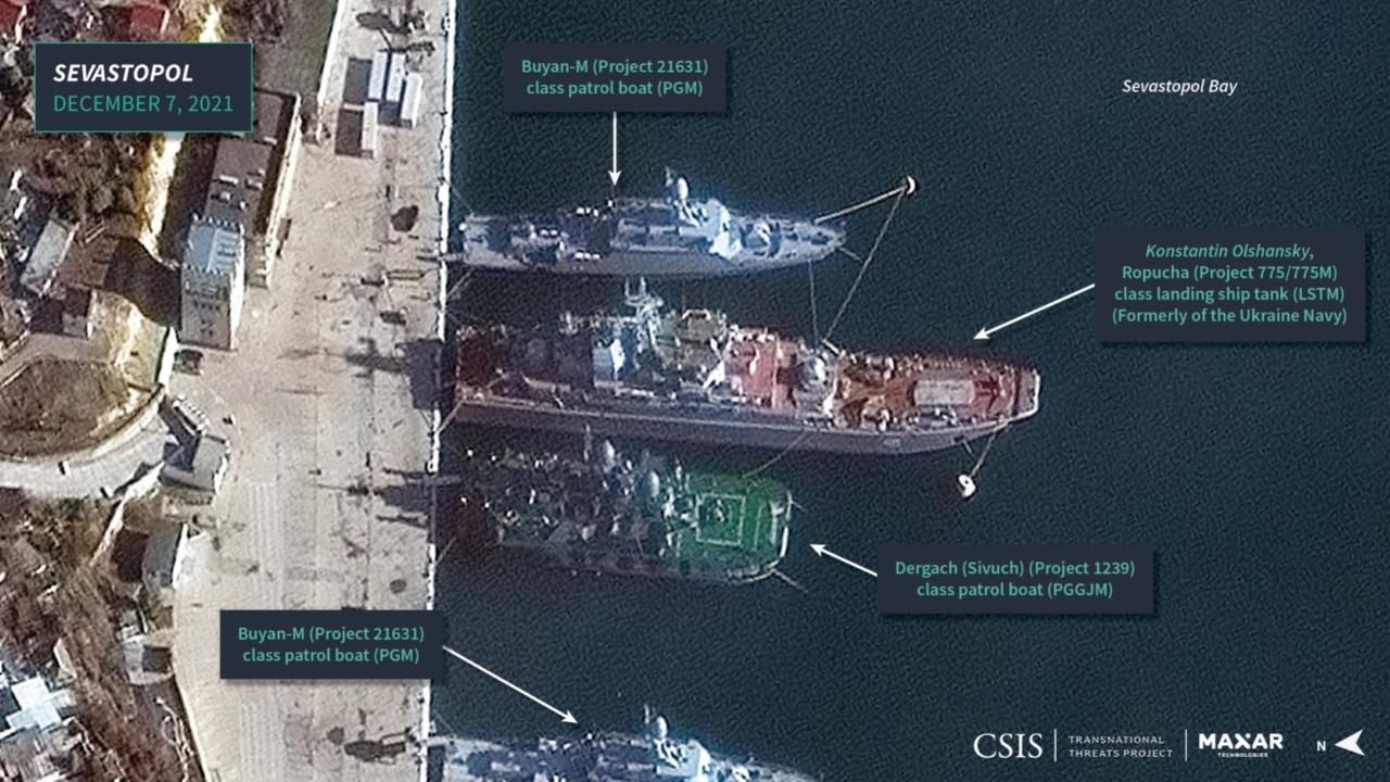 A satellite photo from December shows Russian ships in the town of Sevastopol. Picture: Maxar Technologies