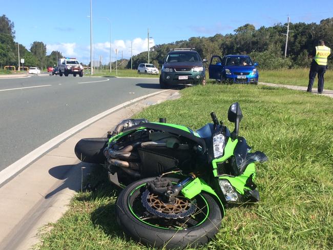 A motorbike rider was hospitalised after a crash on Kawana Way on Thursday. Photo: Patrick Woods