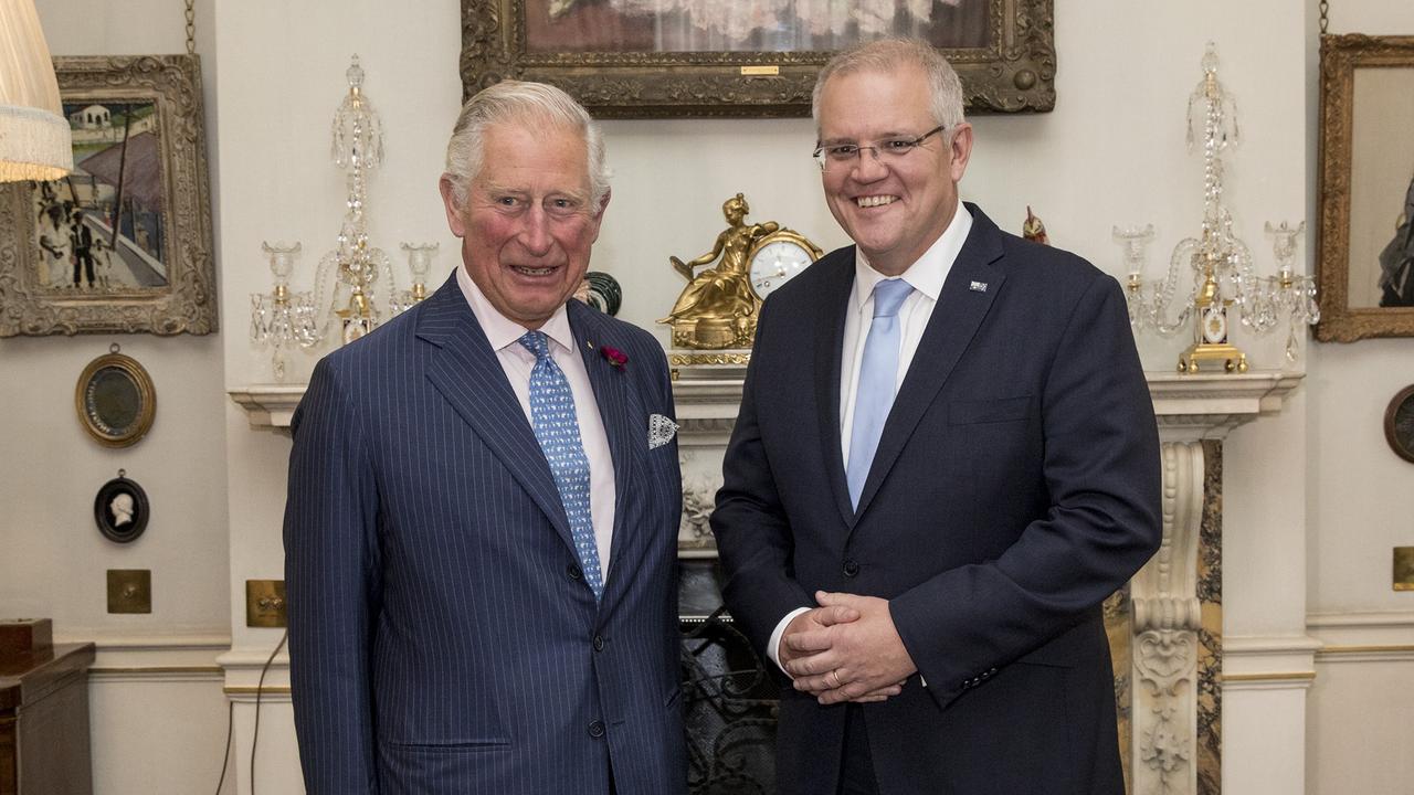 Australian Prime Minister Scott Morrison with Prince Charles at Clarence House in London. Picture: Ella Pellegrini