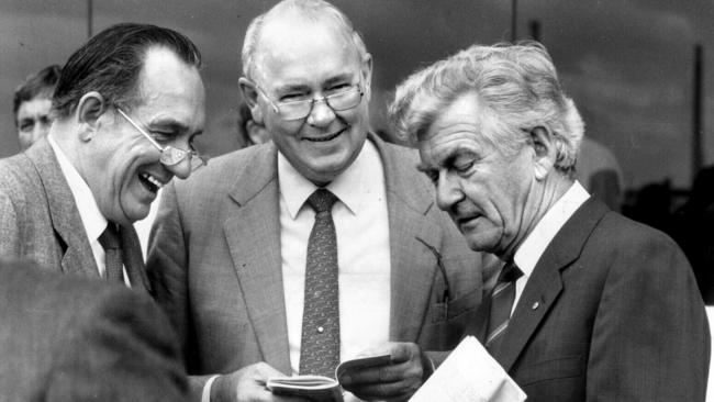 Bob and Jack Ingham pictured with former prime minister Bob Hawke in 1989.