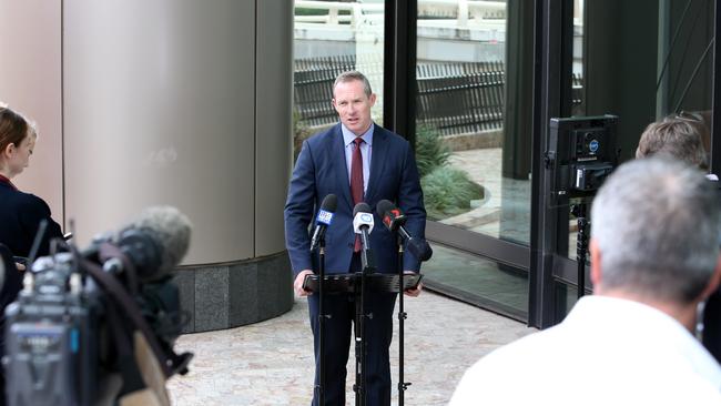 Mick de Brenni faces media questioning on sports grants. Picture: Steve Pohlner