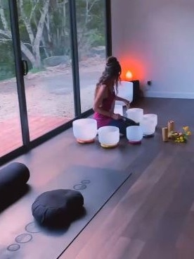 Pete Evans’ wife Nicola Robertson in the retreat’s yoga room which costs up to $5,000 per person. Picture: Instagram