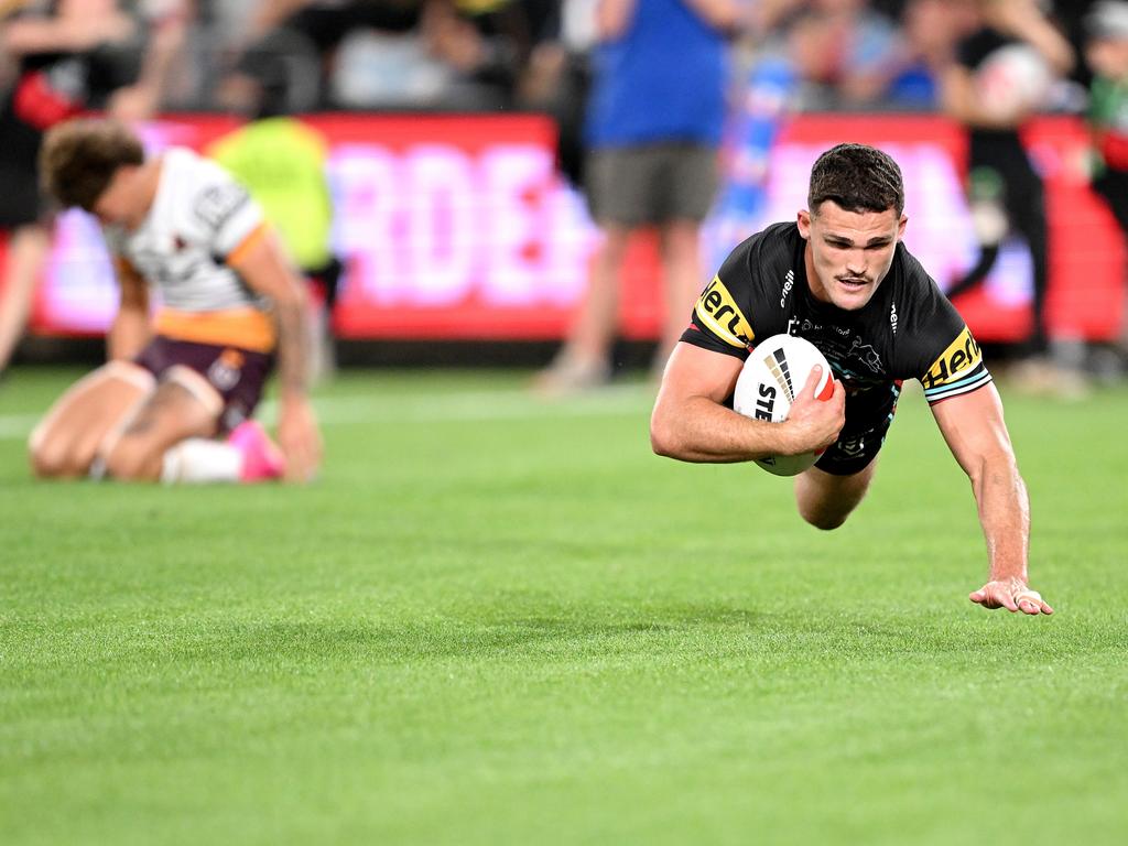 With two-minutes left on the clock Nathan Cleary scores a the matchwinning try to break the Broncos’ hearts in the 2023 grand final. Picture: Getty Images