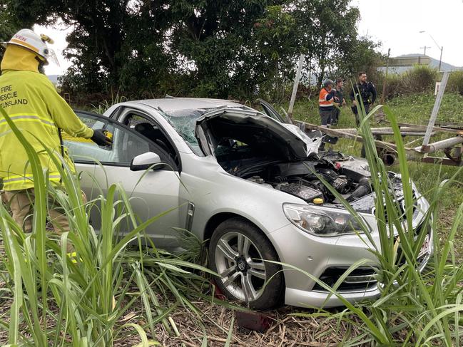 A car has crashed into irrigation equipment in a cane field in Farleigh, seriously injuring the driver. Photo: Zoe Devenport