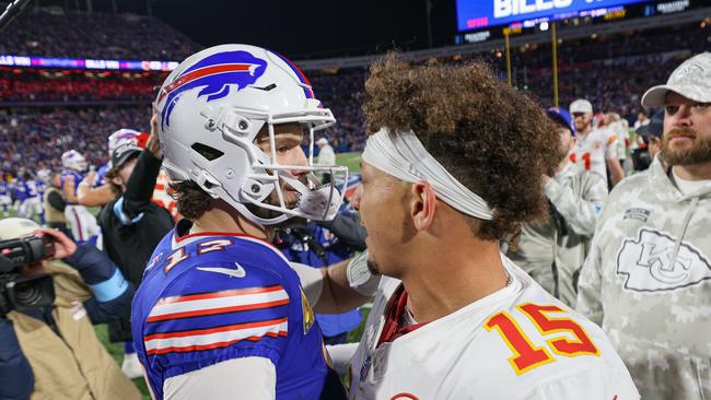 ORCHARD PARK, NEW YORK - NOVEMBER 17: Josh Allen #17 of the Buffalo Bills and Patrick Mahomes #15 of the Kansas City Chiefs embrace after a game at Highmark Stadium on November 17, 2024 in Orchard Park, New York. (Photo by Bryan Bennett/Getty Images)