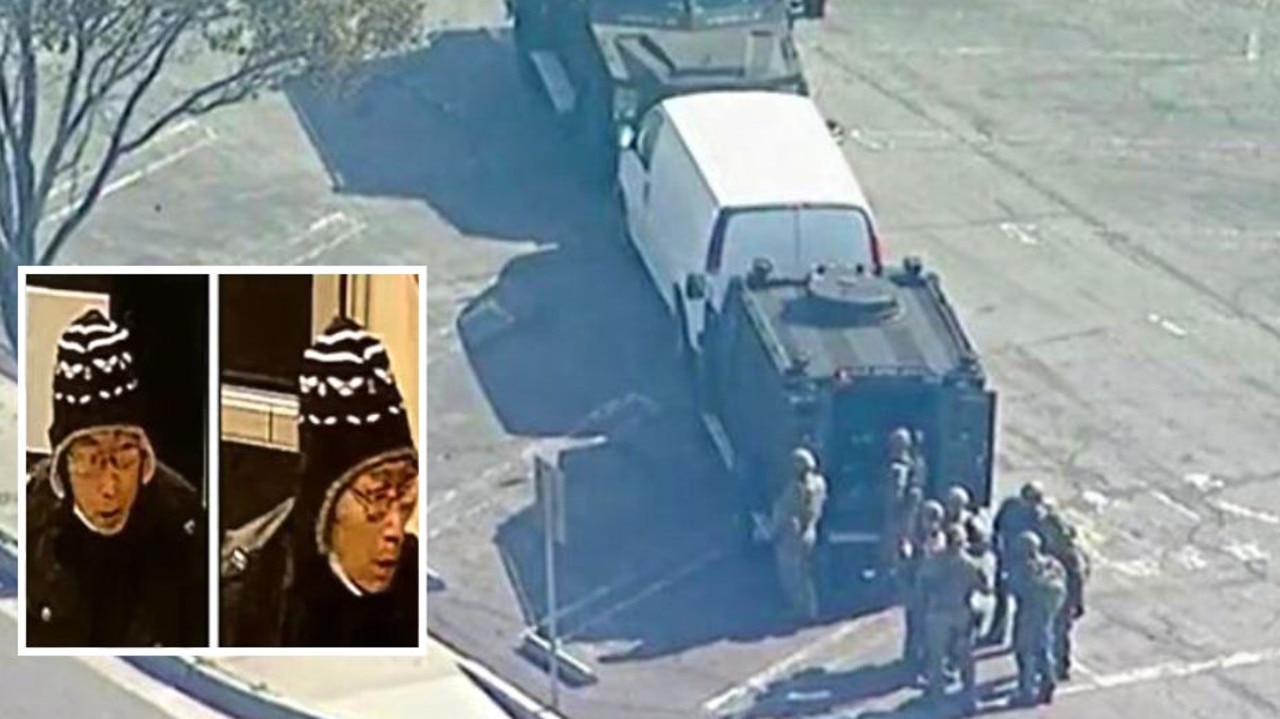 Police have surrounded the mass shooting suspect’s van in Los Angeles. It comes after photos were released of the suspect (inset).