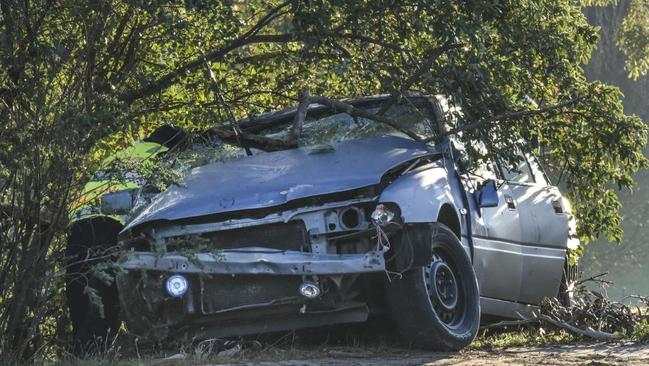 Nathan White’s car smashed into a tree after the fatal crash. Picture: Ian Wilson