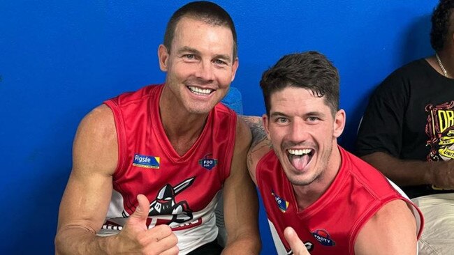 Cousins (left) was happy to be back kicking a Sherrin. Photo: Facebook.