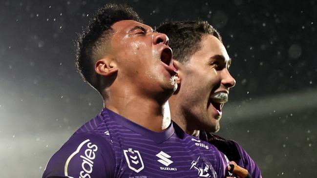 AUCKLAND, NEW ZEALAND - JUNE 15: Dean Ieremia of the Storm celebrates after scoring a try during the round 15 NRL match between New Zealand Warriors and Melbourne Storm at Go Media Stadium Mt Smart, on June 15, 2024, in Auckland, New Zealand. (Photo by Hannah Peters/Getty Images)