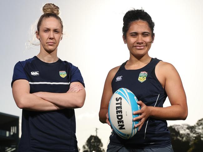 Jillaroos' teammates Karina Brown and Ness Foliaki. Picture: Peter Wallis