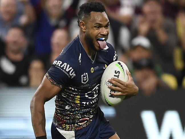 Hamiso Tabuai-Fidow of the Cowboys would add some much needed pace to the Maroons edge defence. Picture: Ian Hitchcock/Getty Images