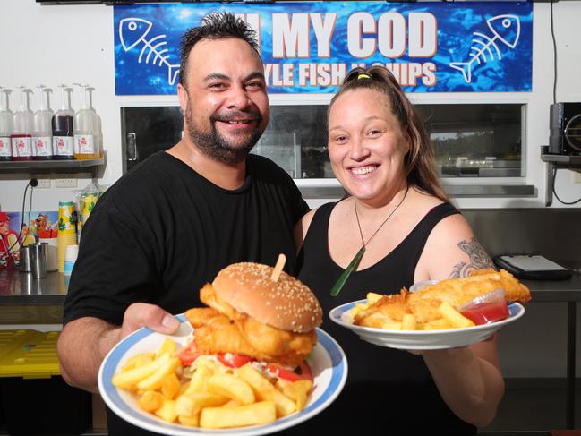 Oh My Cod in Upper Coomera wins Best of the Gold Coast, fish and chips. Izaac and Charlene Gardiner with some of their food including their famous fish burger. Picture Glenn Hampson