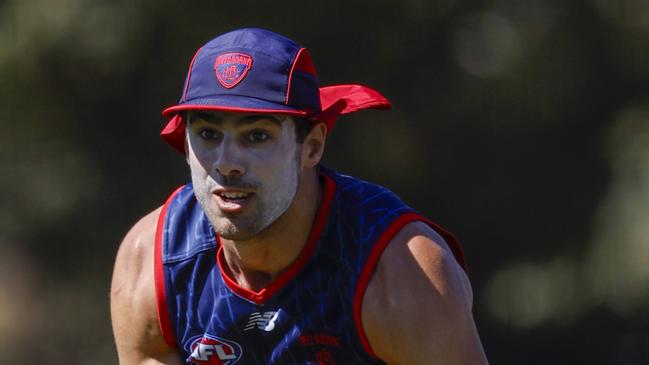 MELBOURNE , AUSTRALIA.February 12 , 2024.  Melbourne AFL football training at Goschs Paddock.   Christian Petracca of the Demons  during todays session  . Pic: Michael Klein