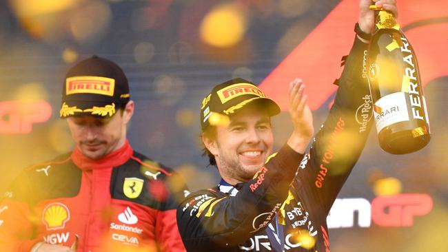 Red Bull’s Sergio Perez held off his teammate Max Verstappen (not pictured) to win the Azerbaijan Grand Prix. (Photo by NATALIA KOLESNIKOVA / AFP)