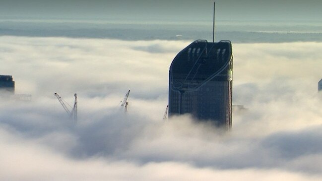 Fog buries the Brisbane CBD on Thursday morning. Picture: Channel 9