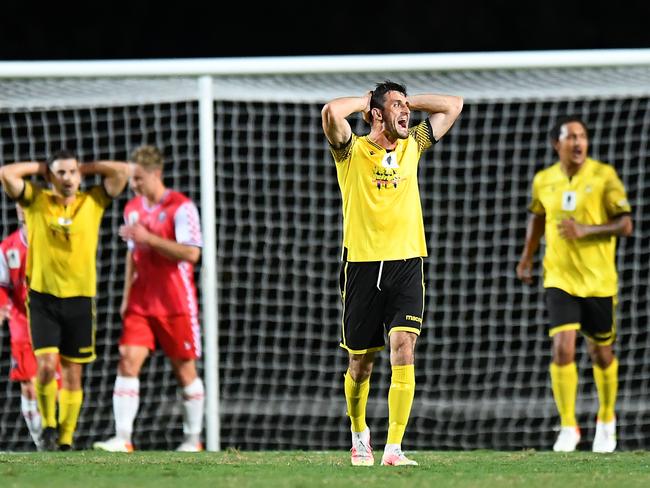 Edge Hill United players react after a failed attempt on goal during the FFA Cup round of 32 match between Edge Hill United and Gold Coast Knights at Barlow Park on September 15, 2021 in Cairns, Australia. (Photo by Albert Perez/Getty Images)