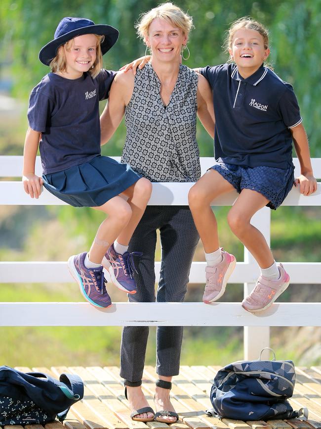 Natalie Egleton and her daughters Alice and Essie. Picture: Alex Coppel.