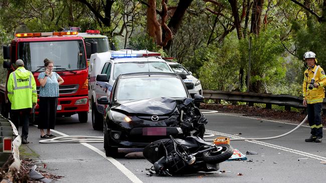 A car and motorbike collided head on along Wakehurst Parkway at Narrabeen In February this year with the female rider of the bike taken to Royal North Shore hospital in a critical condition. Picture: Toby Zerna